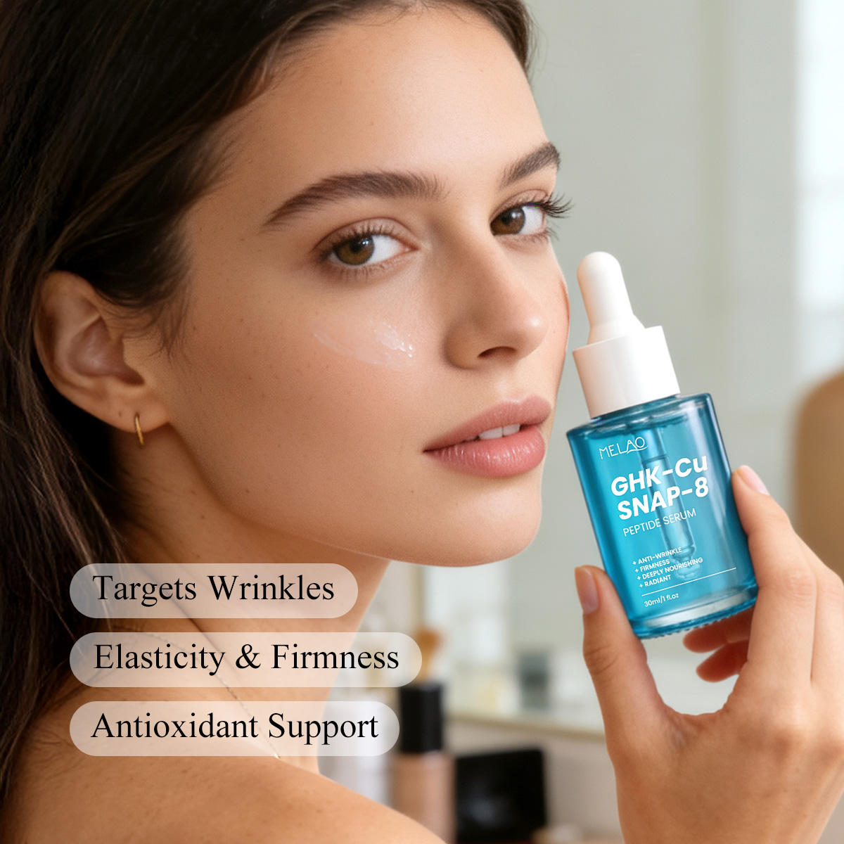 Woman holding MELAO GHK-Cu SNAP-8 Peptide Serum